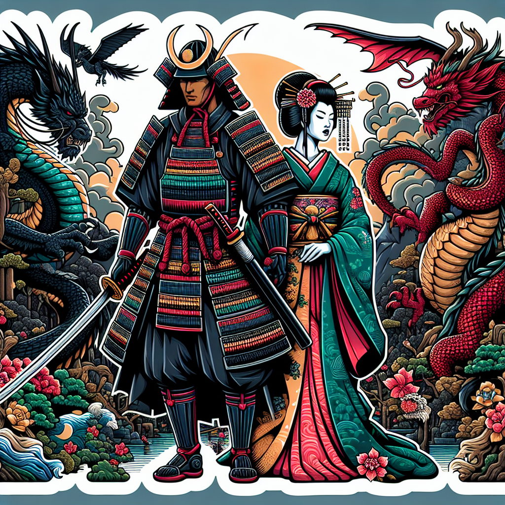 sticker-Samurai or geisha in a fantasy setting with mythical creatures-anime stickers-1733082576887